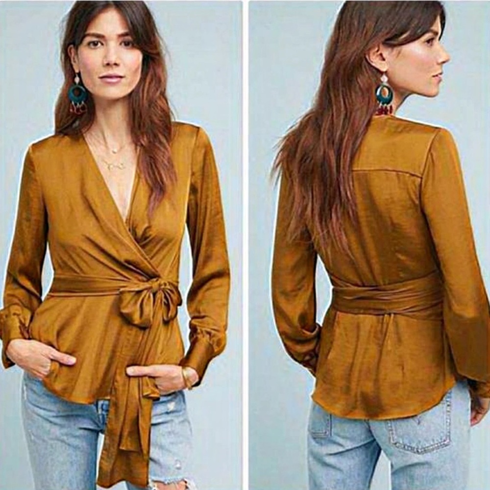 Anthropologie x Moulinette Soeurs Brynn Drapey Satin Faux‎ Wrap Tie Brown Blouse - Picture 9 of 9